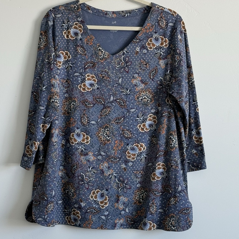 J JILL Pima Cotton Tee L Blue Floral SOFT Garden Everydy Comfort